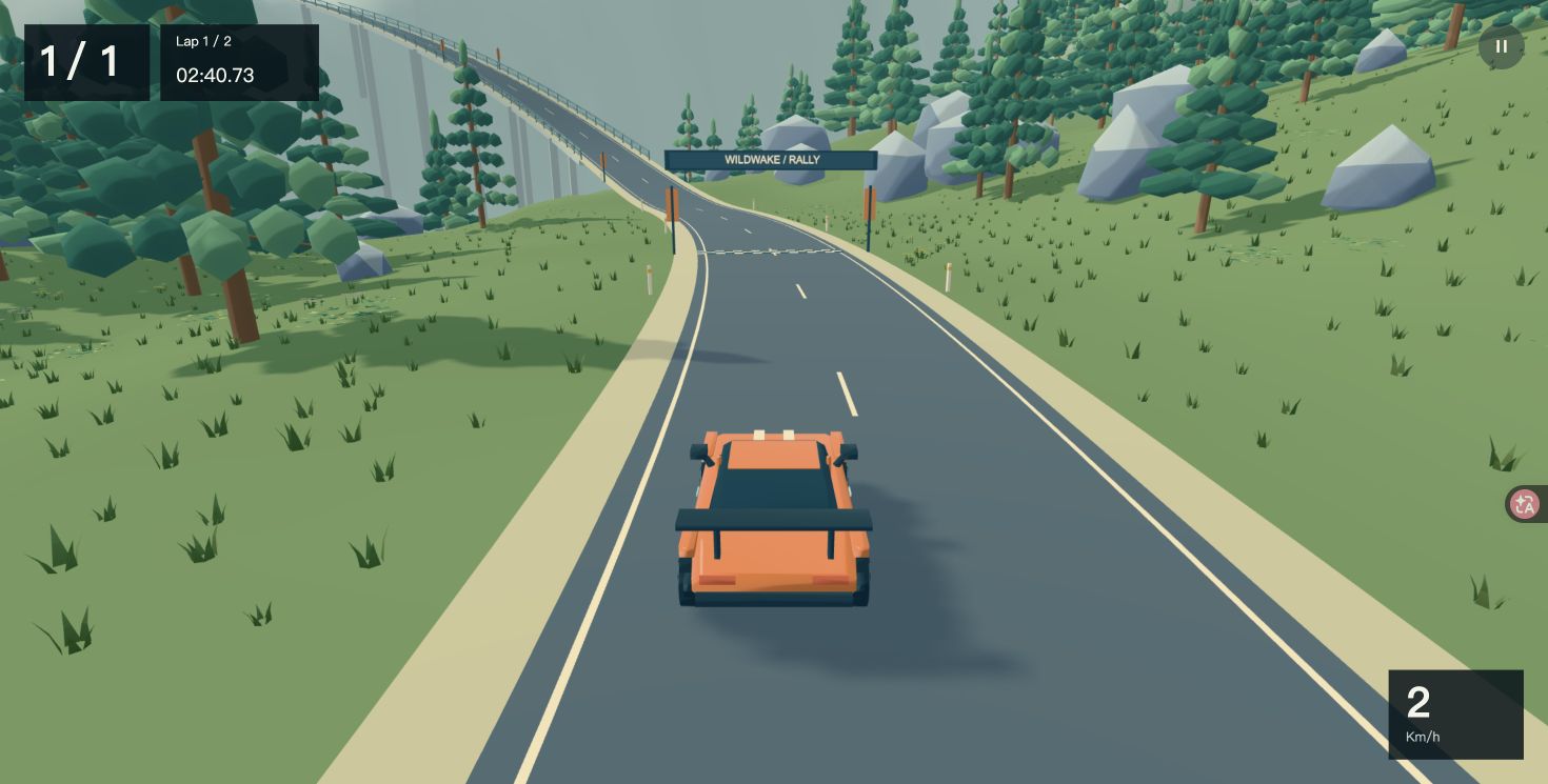 An orange rally car on a mountain road during lap one, with timer and speed visible.