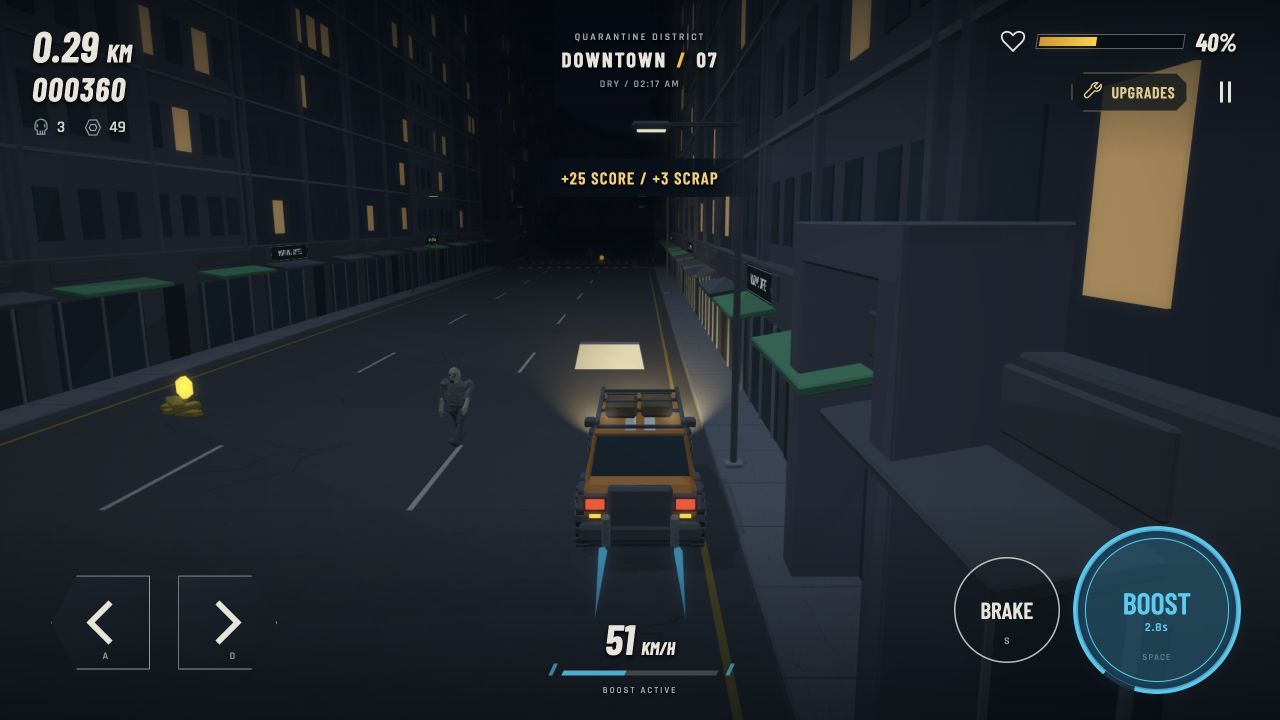SUV boosting down a zombie-filled night street with distance, scrap and health HUD.