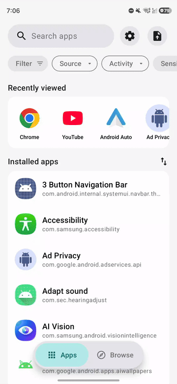 Browsing the installed apps list