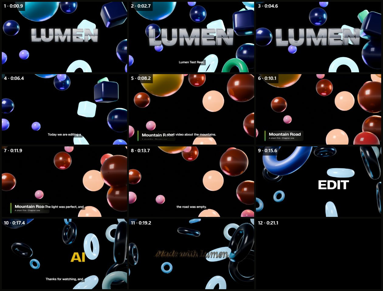 A contact sheet the Lumen AI generated of the whole edit: labelled frames of 3D backgrounds, the chrome title, the lower third and captions