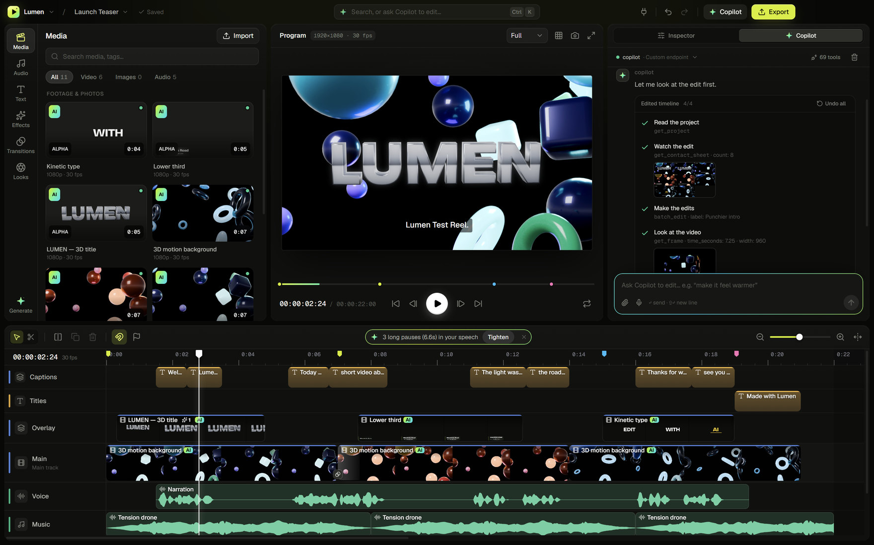 The Lumen AI video editor: a chrome 3D title over a Blender-rendered background in the preview, the media library of generated clips, a timeline with captions, titles, overlays, three backgrounds, narration and music, and the Copilot panel showing its steps