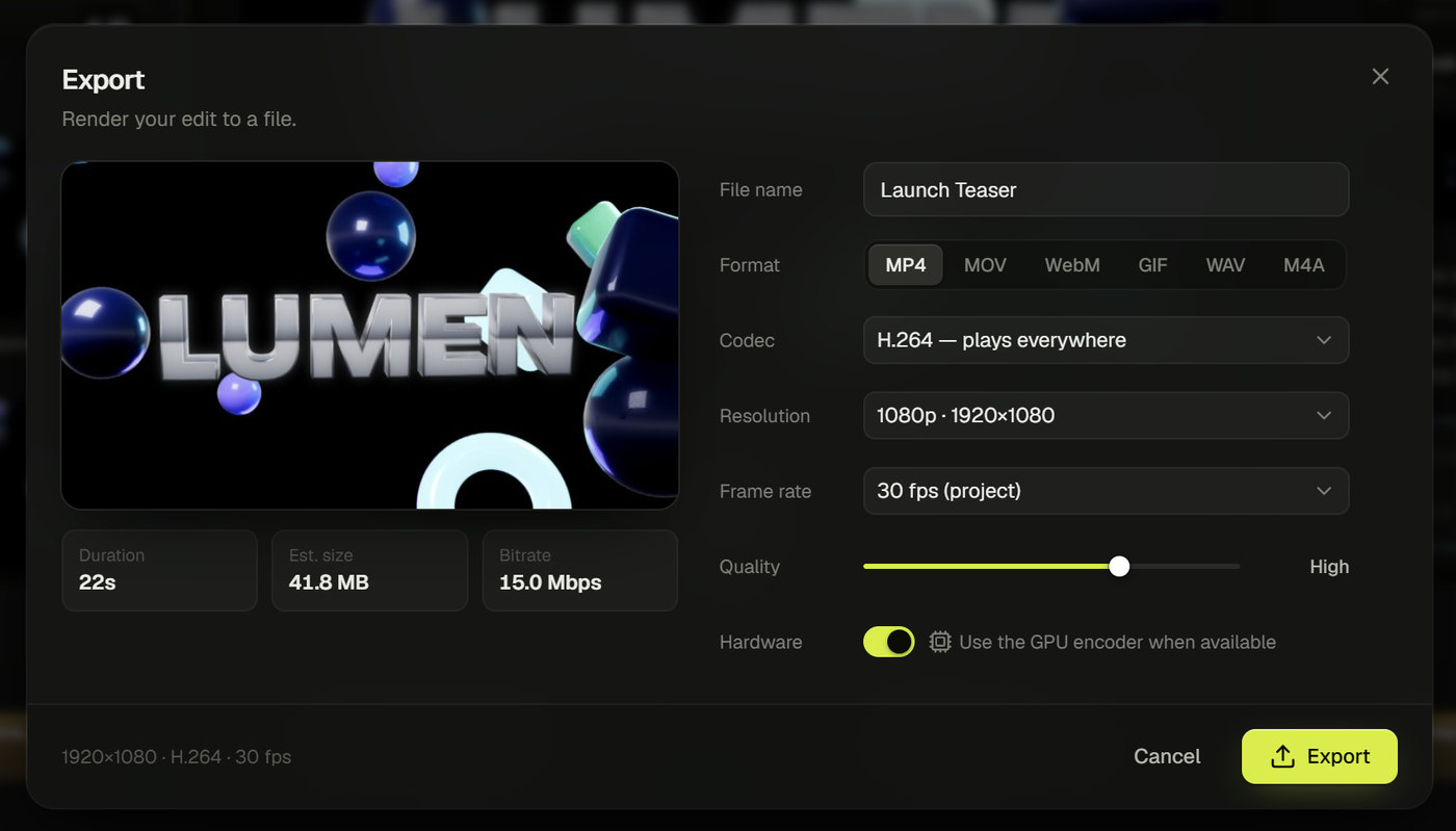 Lumen's export dialog with format, codec, resolution, frame rate, quality, hardware encoding and file size estimate
