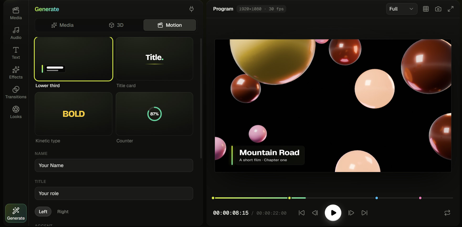 Lumen's Generate panel with motion graphic templates — lower third, title card, kinetic type and stat counter