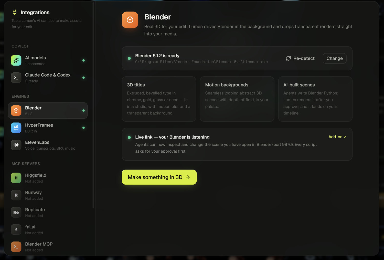 Lumen's integrations hub: AI models, Claude Code and Codex, Blender, HyperFrames, MCP servers and Lumen's own MCP server