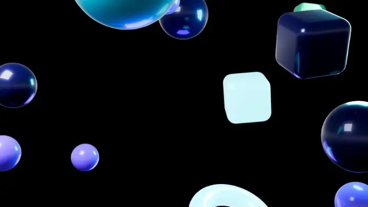 An animated teaser made entirely in Lumen: a chrome 3D title spinning in over Blender-rendered glossy shapes, a caption, and a 3D cube transition into the next shot