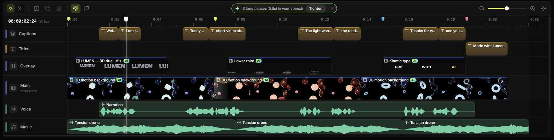 Lumen's multi-track timeline: captions, a closing 3D title, overlay renders (3D title, lower third, kinetic type), three Blender backgrounds on the magnetic main track, narration and a ducked music bed, with markers on the ruler