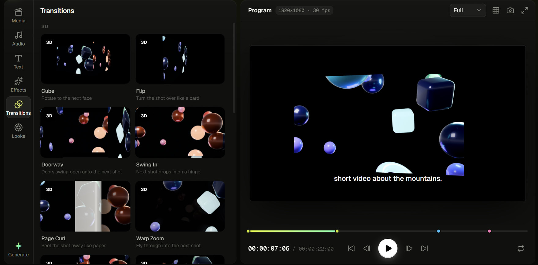 Lumen's transitions library with previews of 3D transitions — cube, flip, doorway, swing in, page curl, warp zoom — and a cube transition mid-turn in the preview