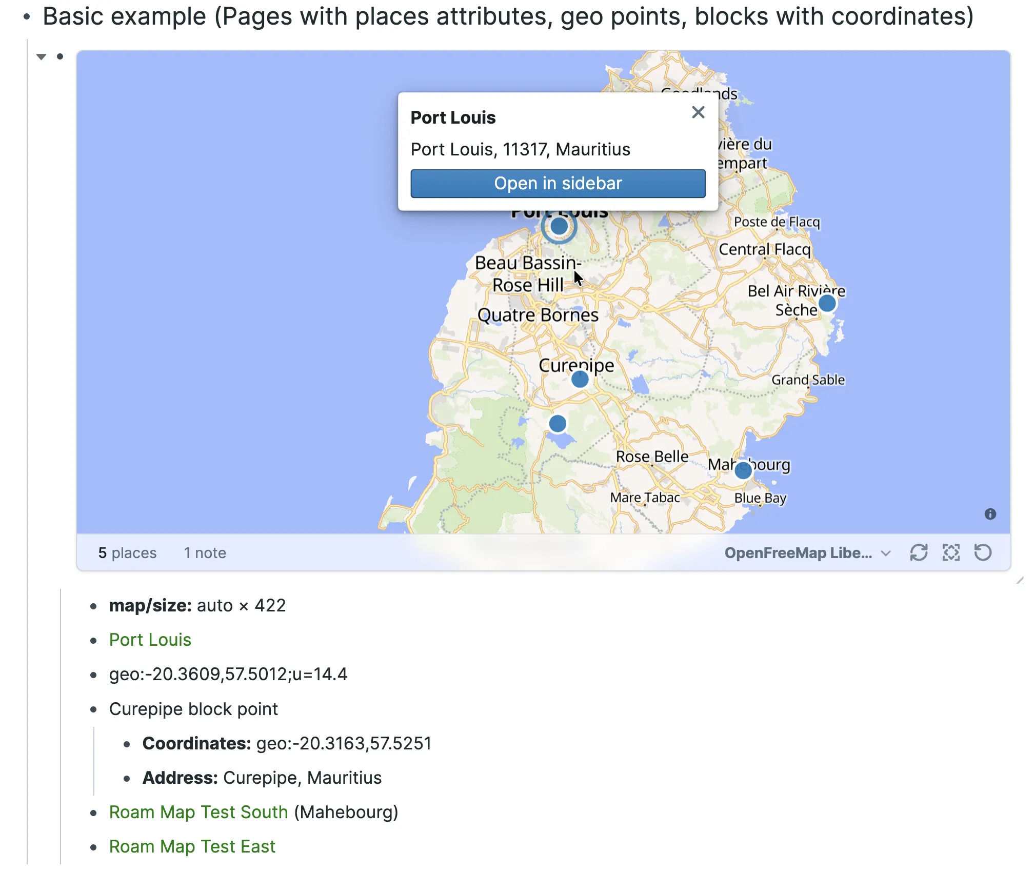 A Roam Map showing five places, its toolbar, a marker card, and the source outline