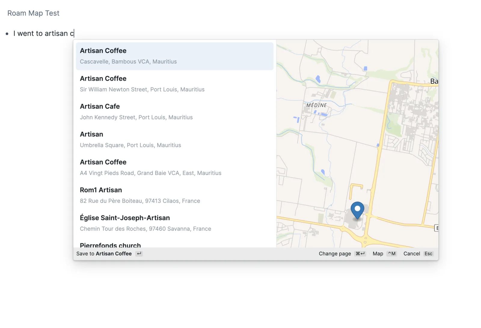 Roam Places search results with a map preview