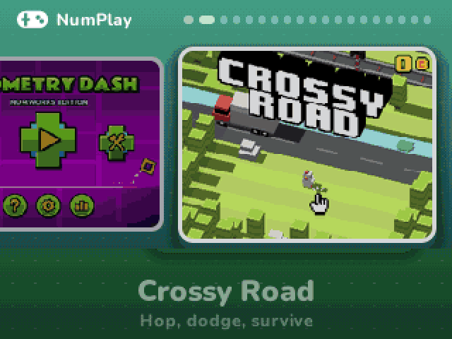 The NumPlay launcher on a NumWorks calculator, scrolling through its games