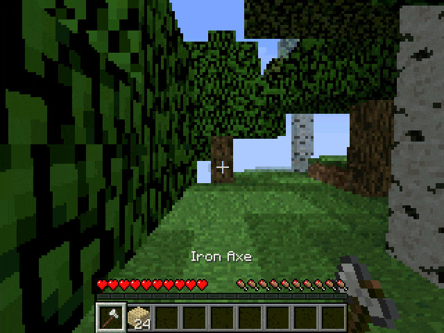 NumBlocks: chopping a birch tree, then building a pillar of planks and looking out over the forest