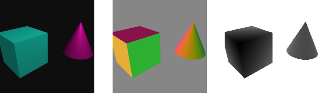 Left to right: optical image, surface normal map, depth map.