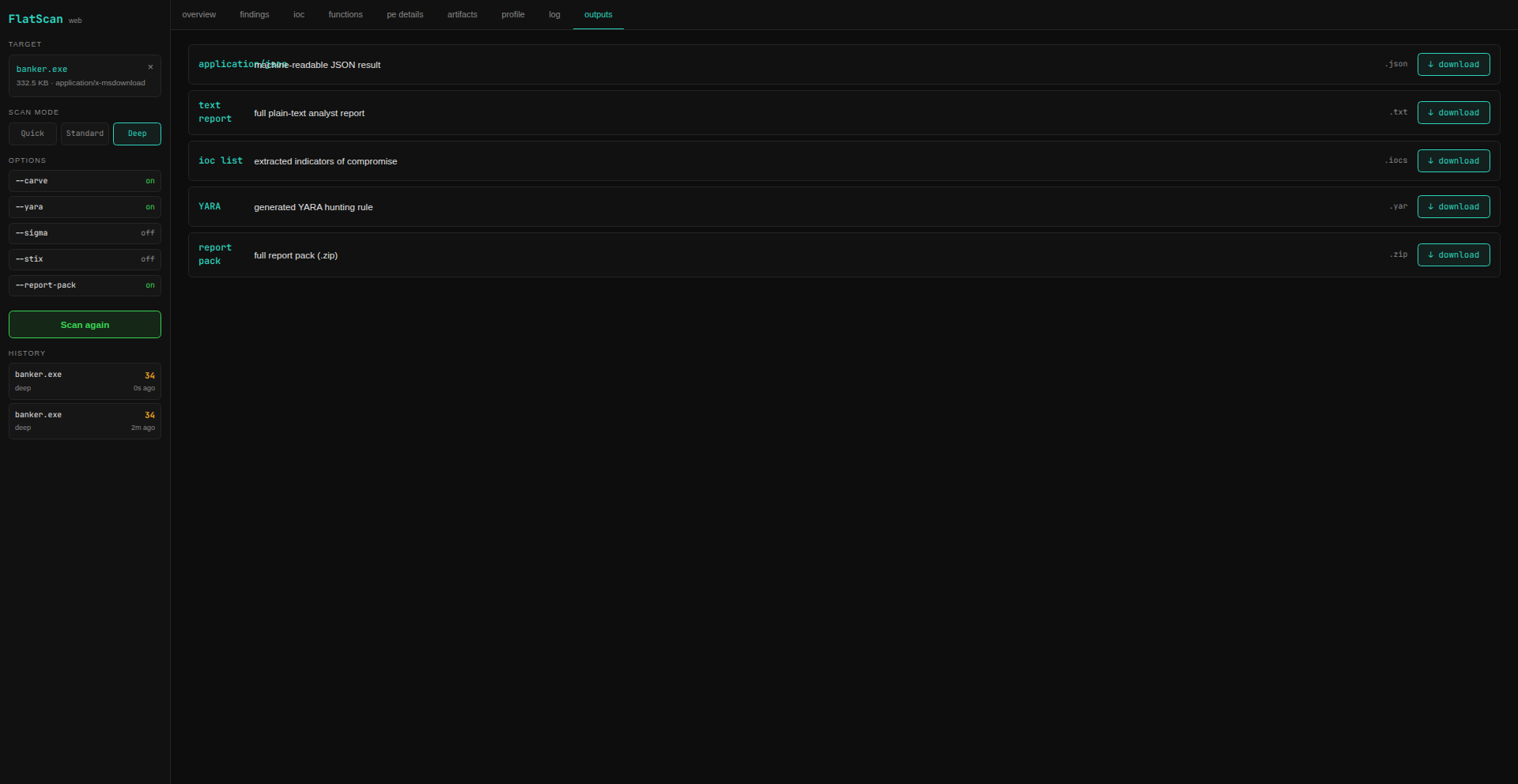 Outputs tab