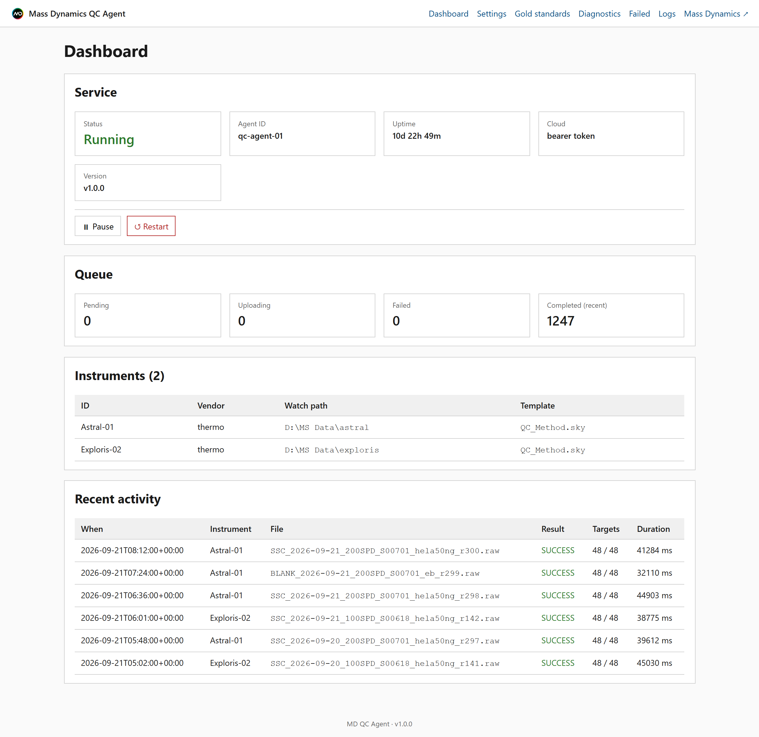 The MD QC Agent web UI: service state, upload queue, configured instruments and the most recent extractions