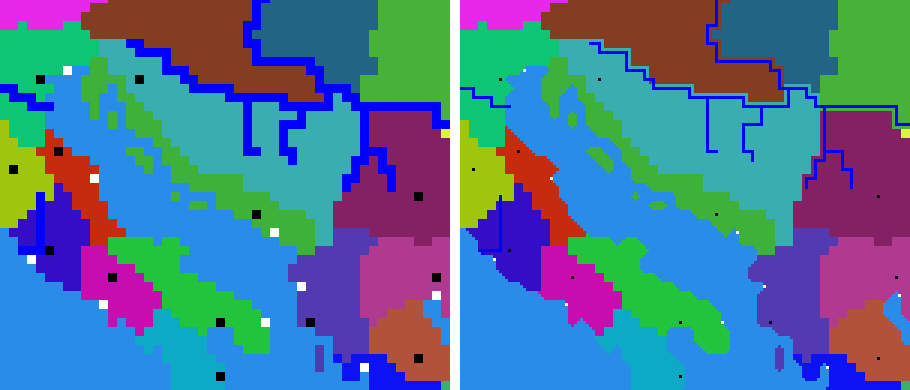 The coast of Italy made 3 x bigger: before (squares), after (smooth)