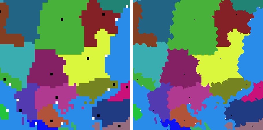 Regions 3 x bigger: in squares (left), the natural way - winding coast and borders (right)