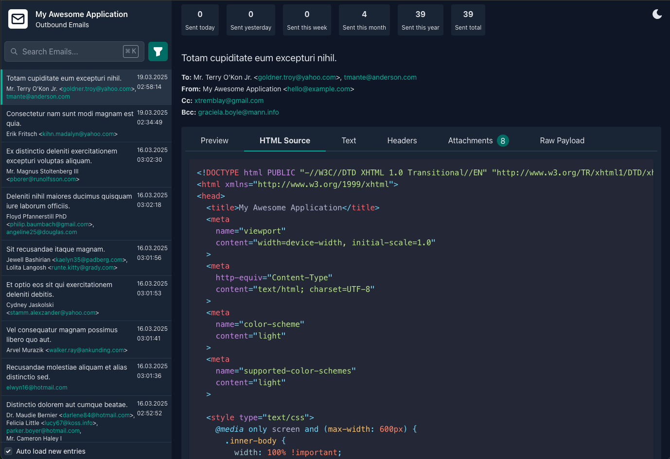 Preview Dark Screenshot of Laravel Mail Viewer - Dark Mode
