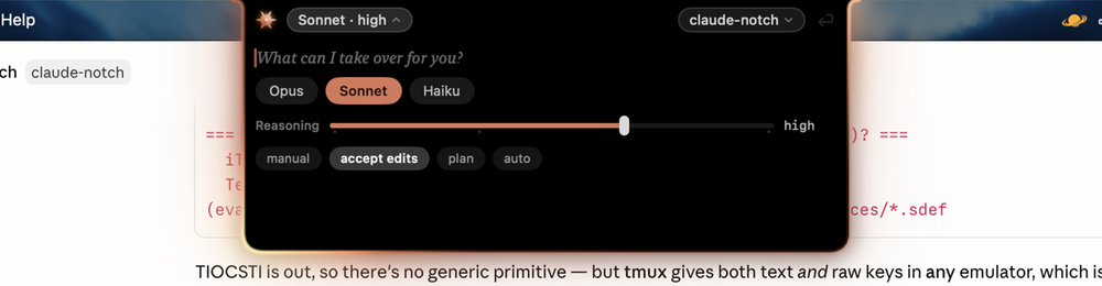 Model picker with a reasoning slider and permission mode