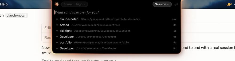 Recent sessions with project names and paths