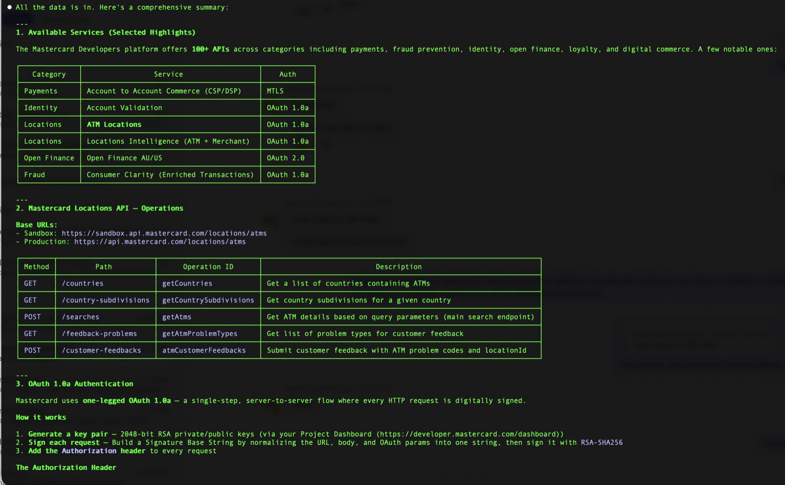Service list and Locations API operations returned by the agent