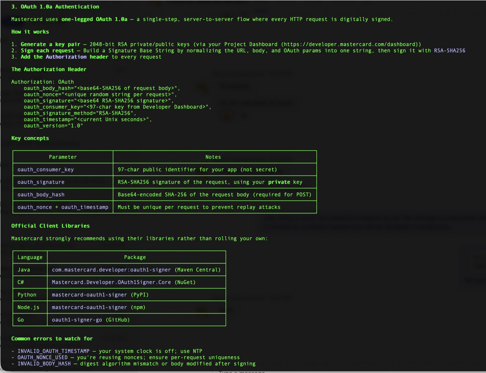 OAuth 1.0a integration details returned by the agent