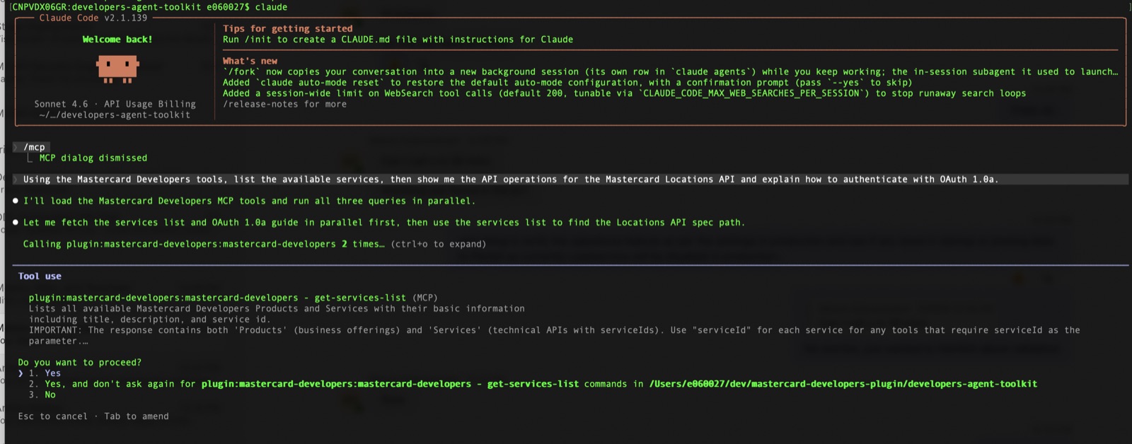 Prompting the agent with the Mastercard Developers skill