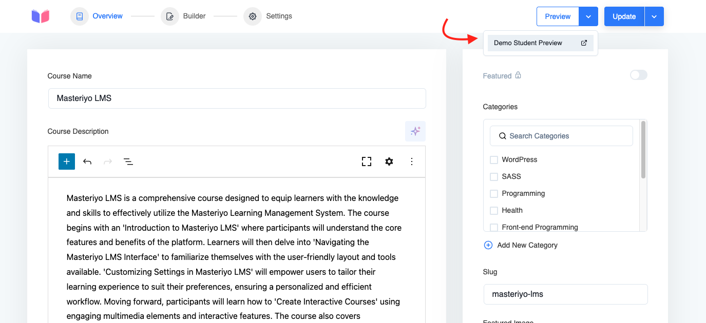 Demo Student Preview button in course builder header