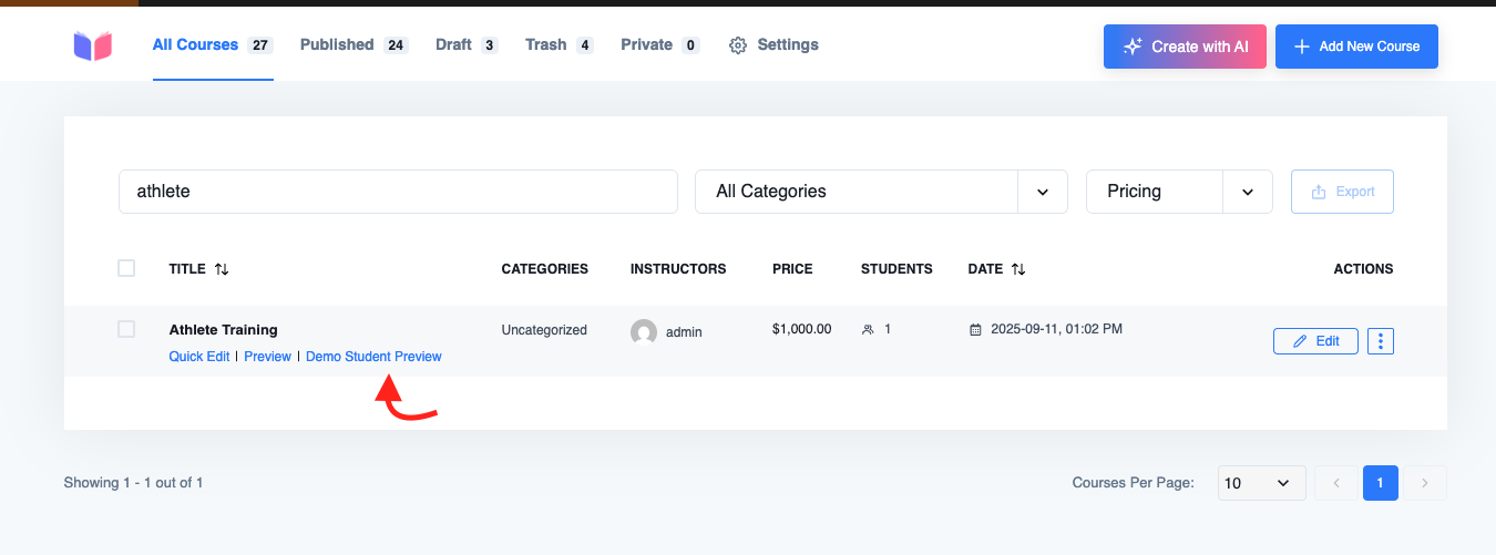 Demo Student Preview in course list row actions