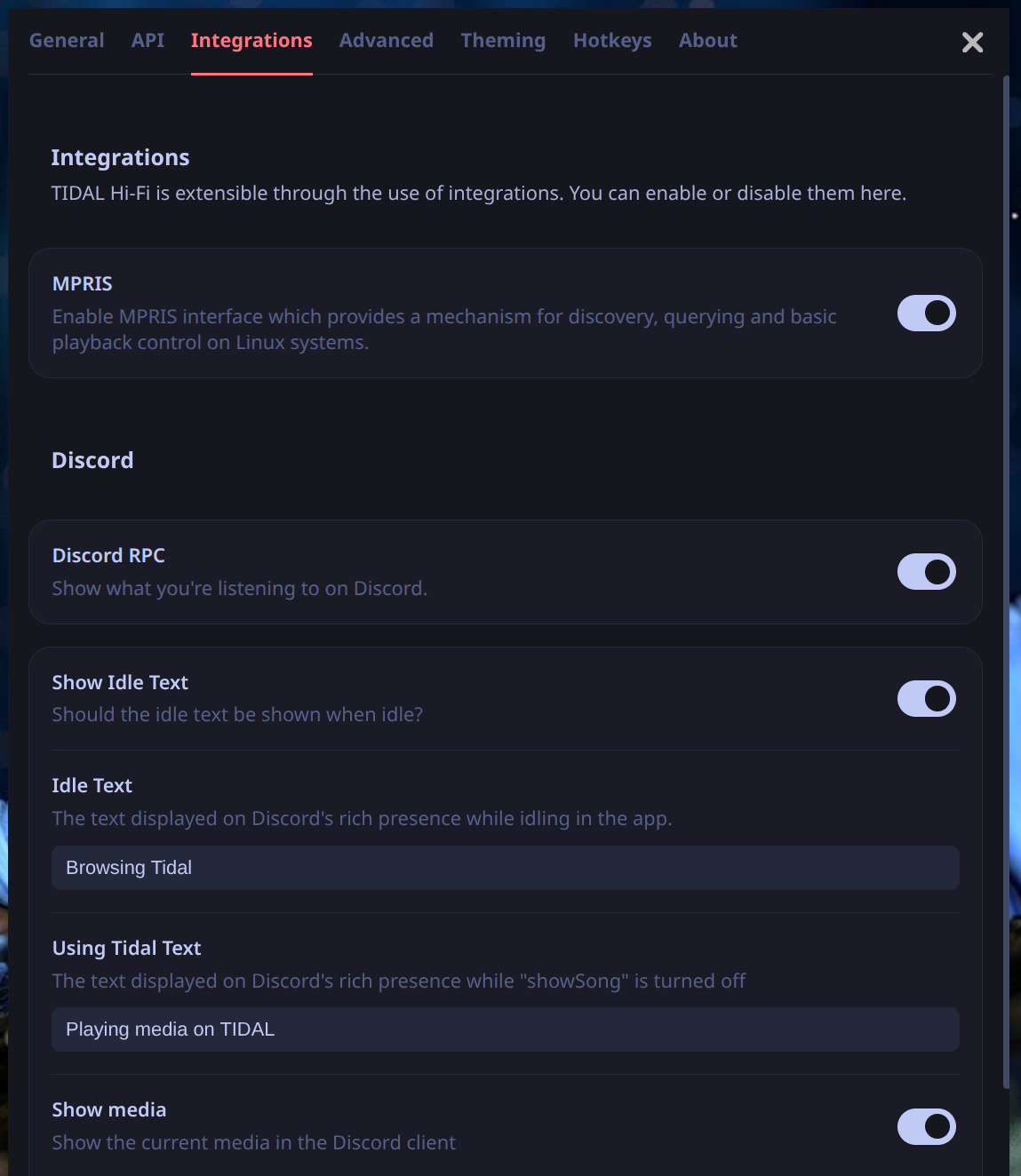 integrations menu, showing a list of integrations