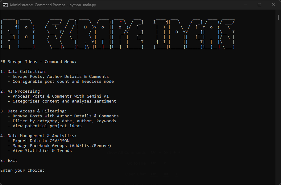 FBScrapeIdeas CLI interface showing data extraction results