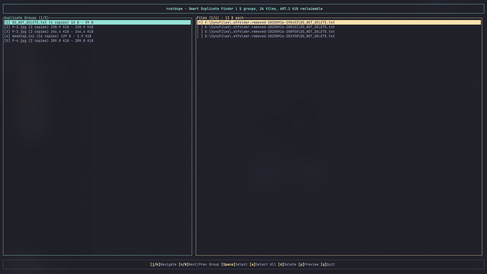 RustDupe TUI showing interactive duplicate file scan results