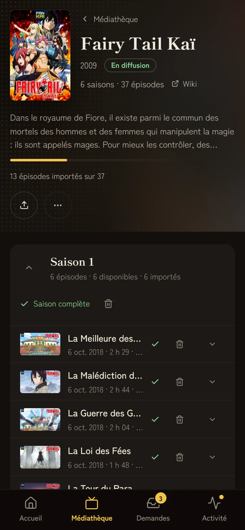 Fiche d'une série sur mobile