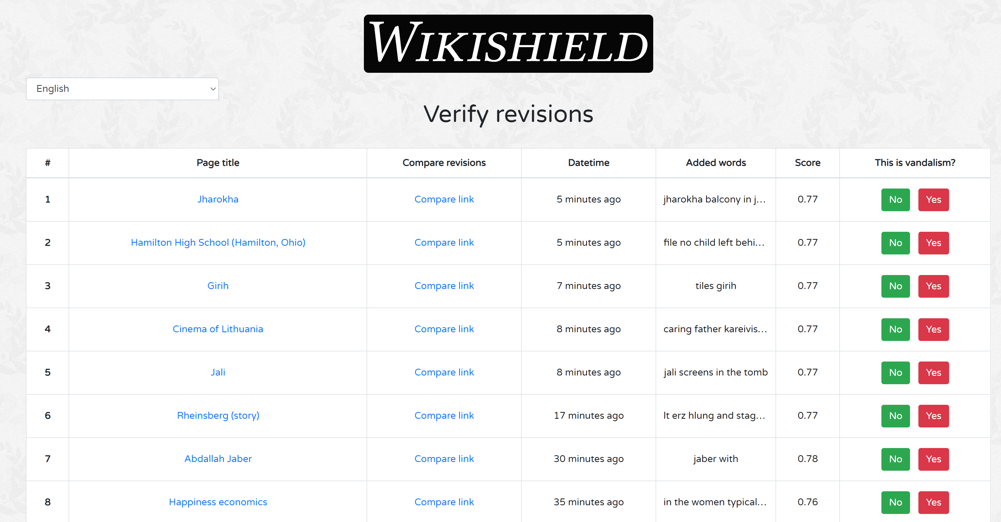 Verify revisions screen