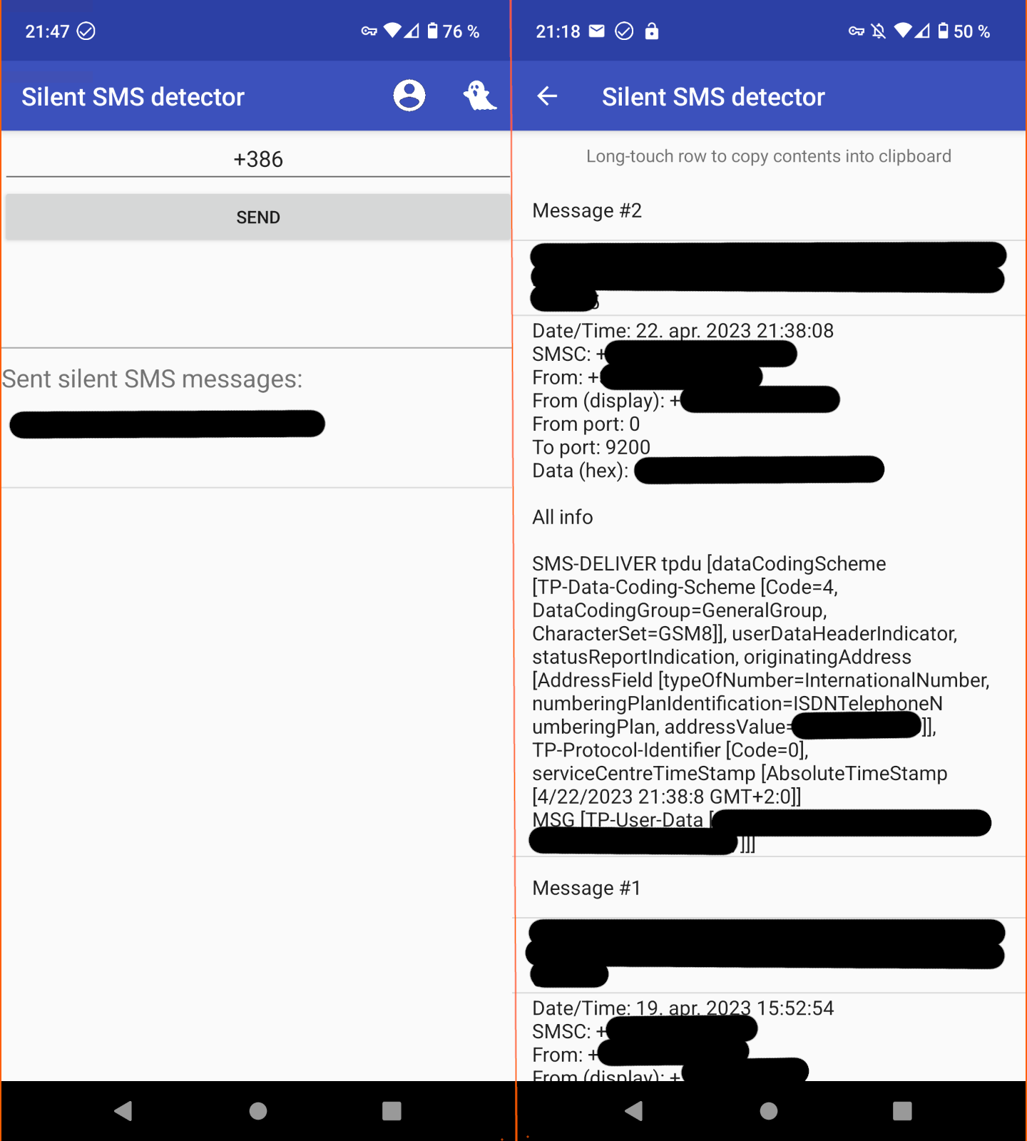 Main screen of Silent SMS detector