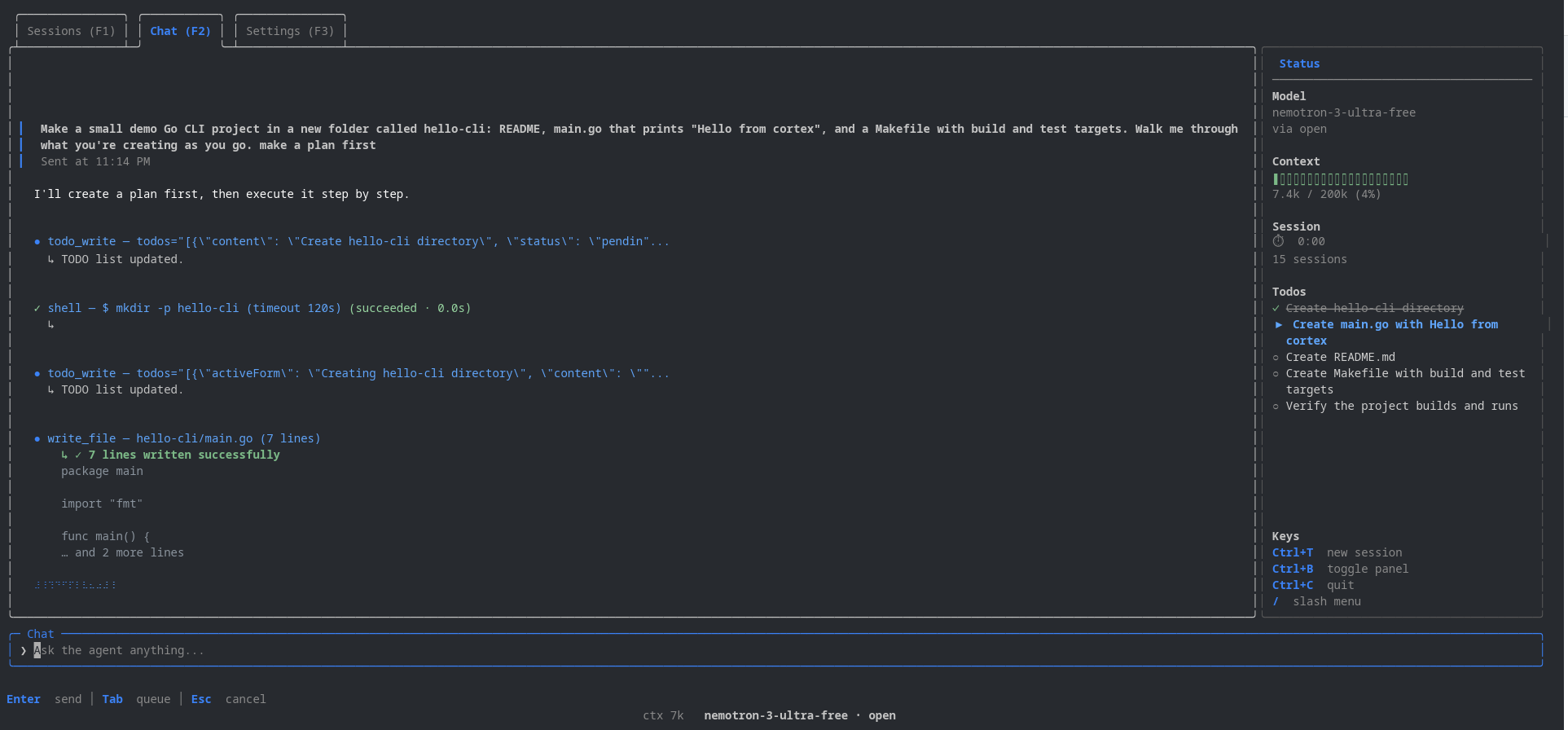 cortex-cli demo — agent plans a task, runs tools, writes files, and tracks todos in the status panel