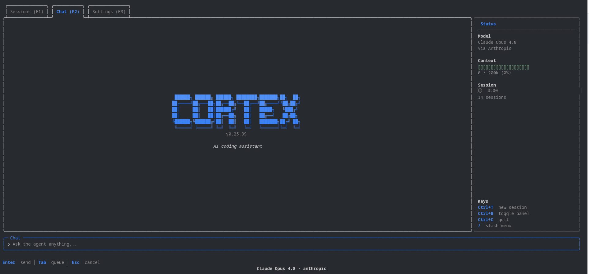 cortex-cli welcome screen — CORTEX splash, status panel, and chat input