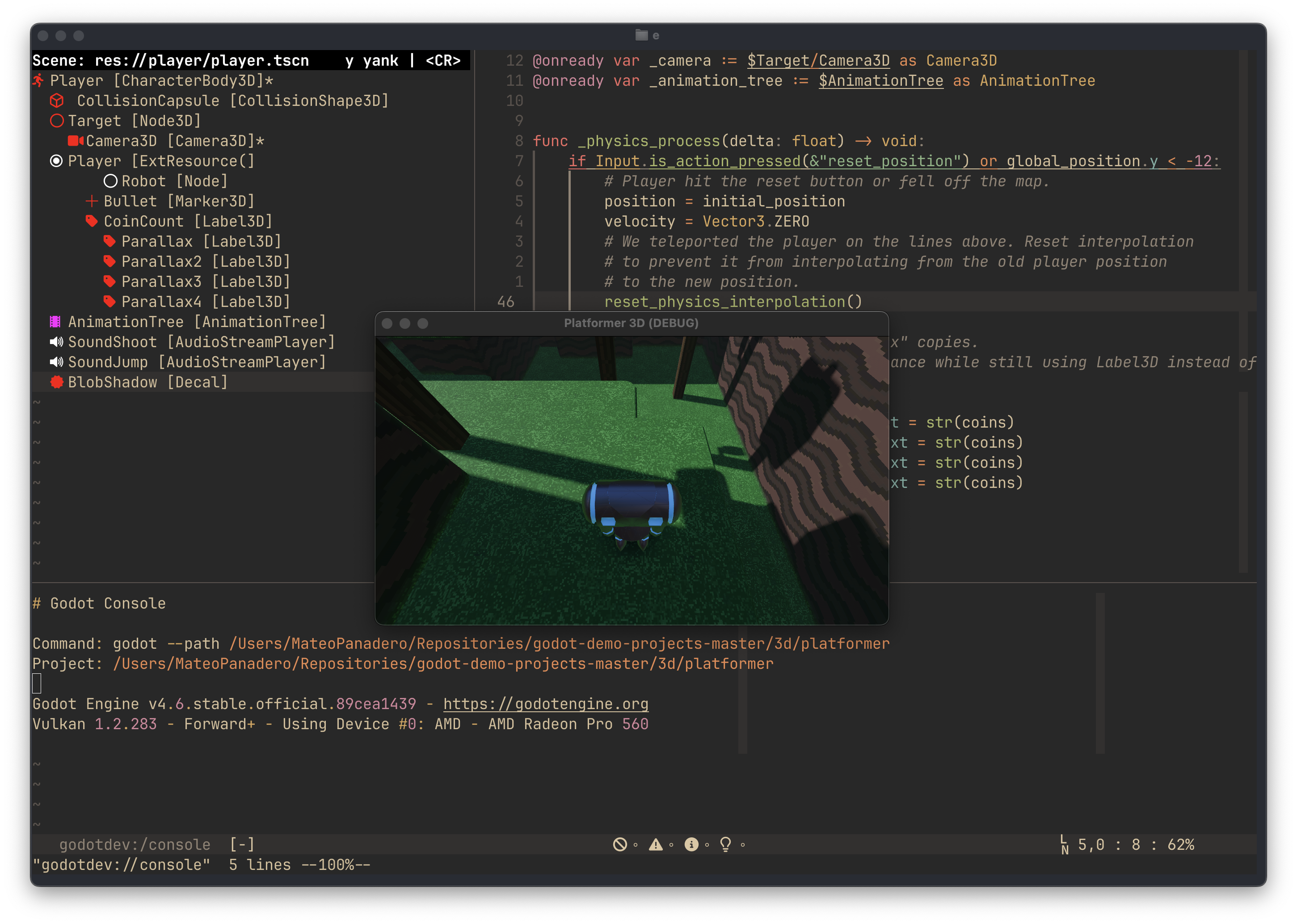 Screenshot of Neovim connected to Godot's LSP server, Godot's console output and scene-tree inspector.