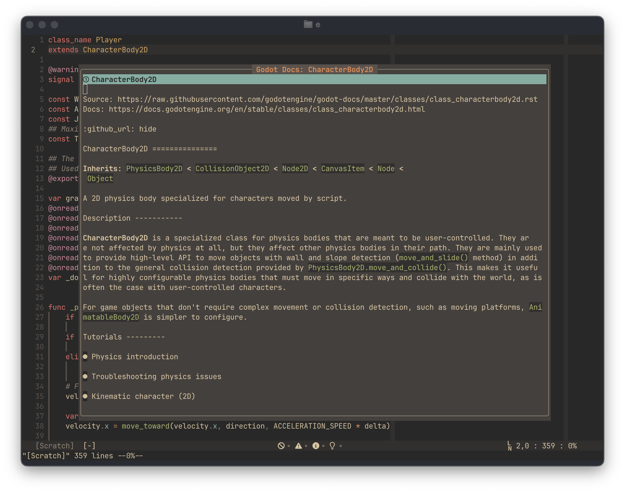 Example/screenshot of Neovim showing Godot documentation in a floating window.