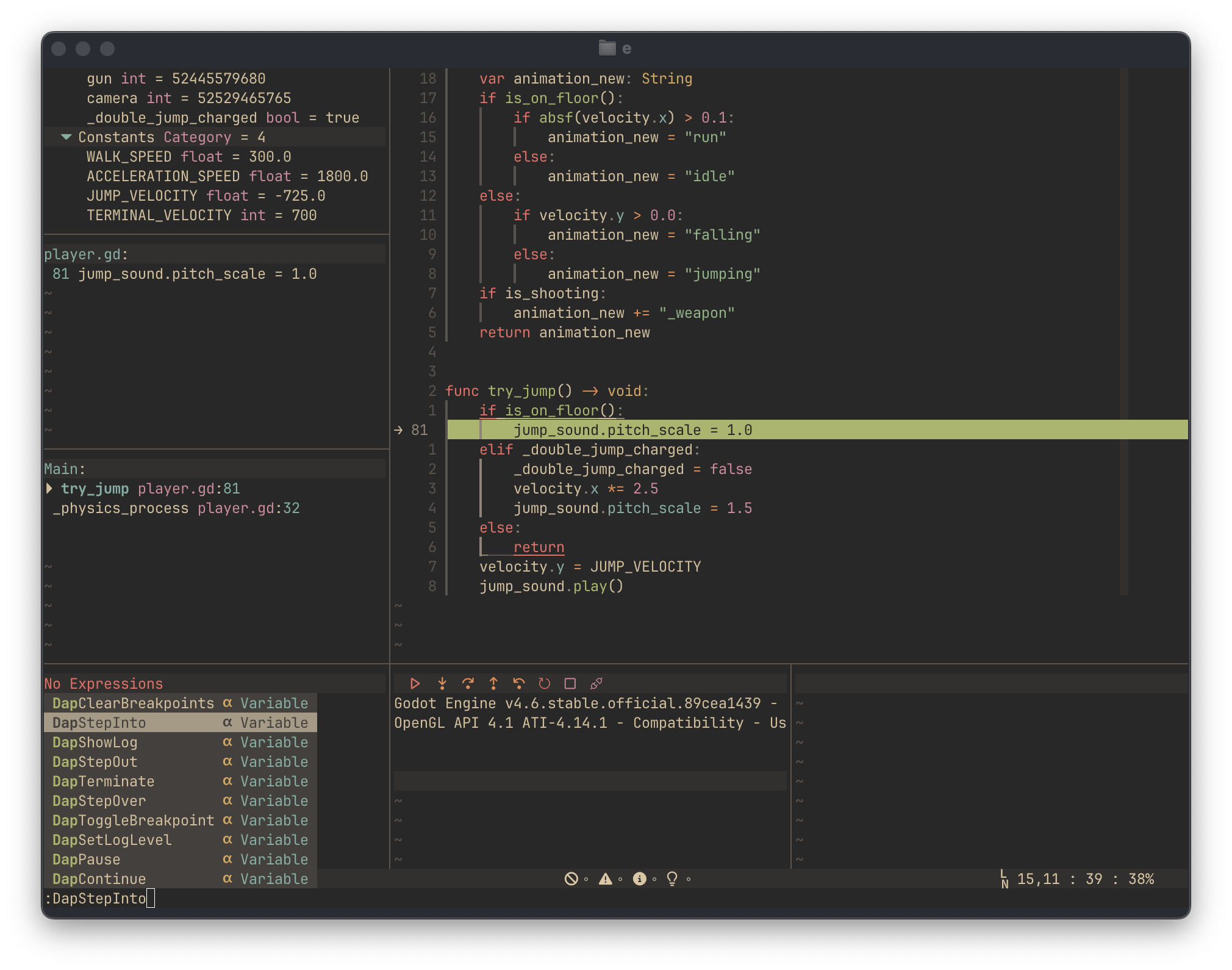 Screenshot: Neovim with Godot's debugger