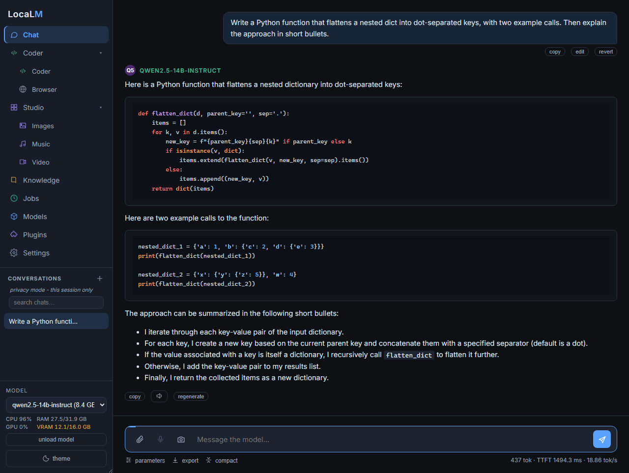 LocaLM chat: a streaming reply with markdown and syntax-highlighted code