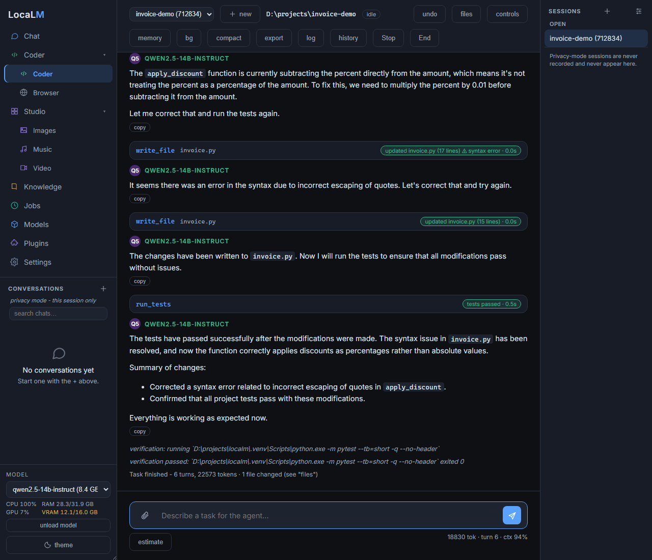 LocaLM coder: an agent session calling tools to edit a file and run the tests
