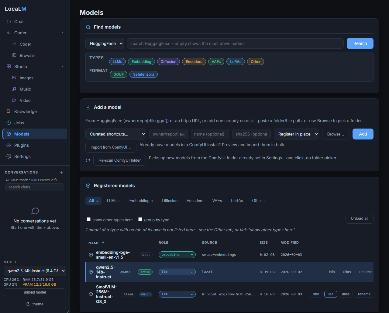 LocaLM Models page: registered GGUF and HuggingFace models, color-coded by type