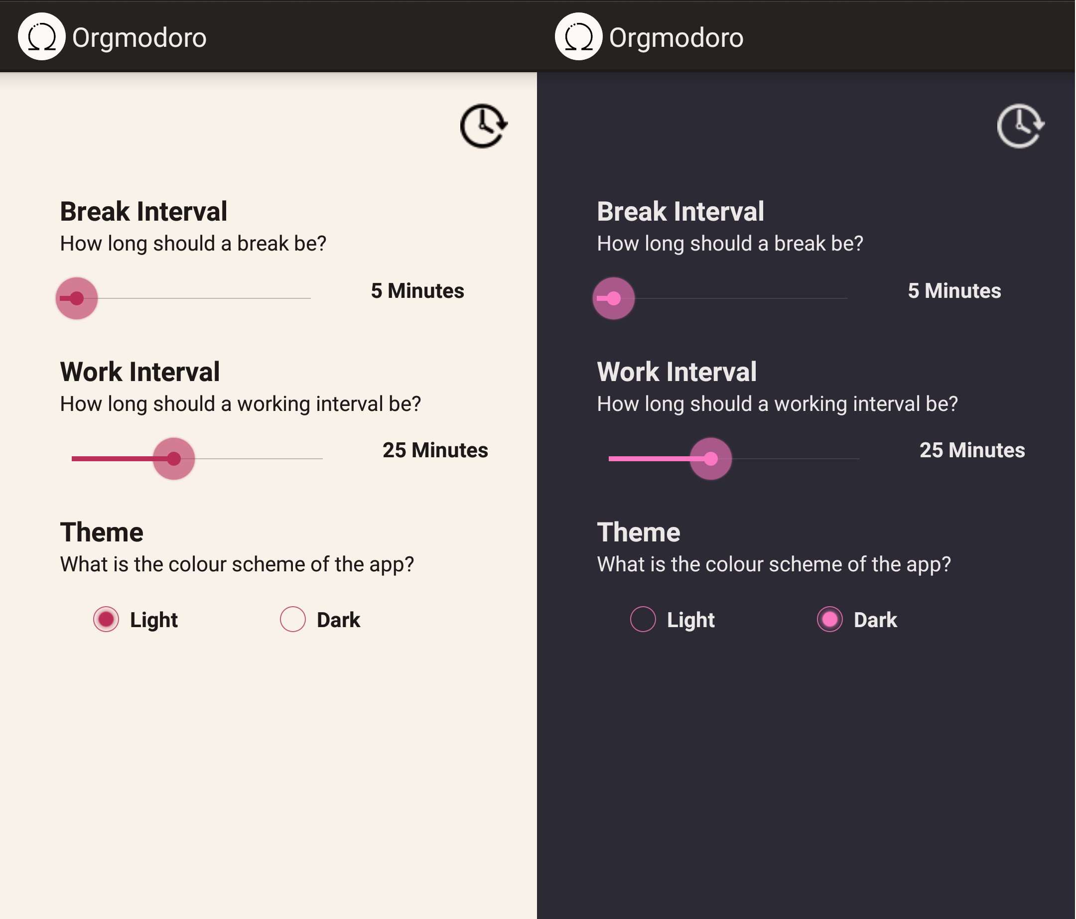 Settings activity: light and dark mode