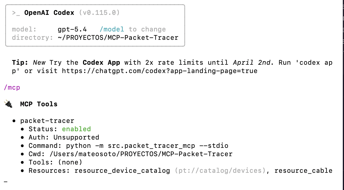 MCP server connected in OpenAI Codex CLI