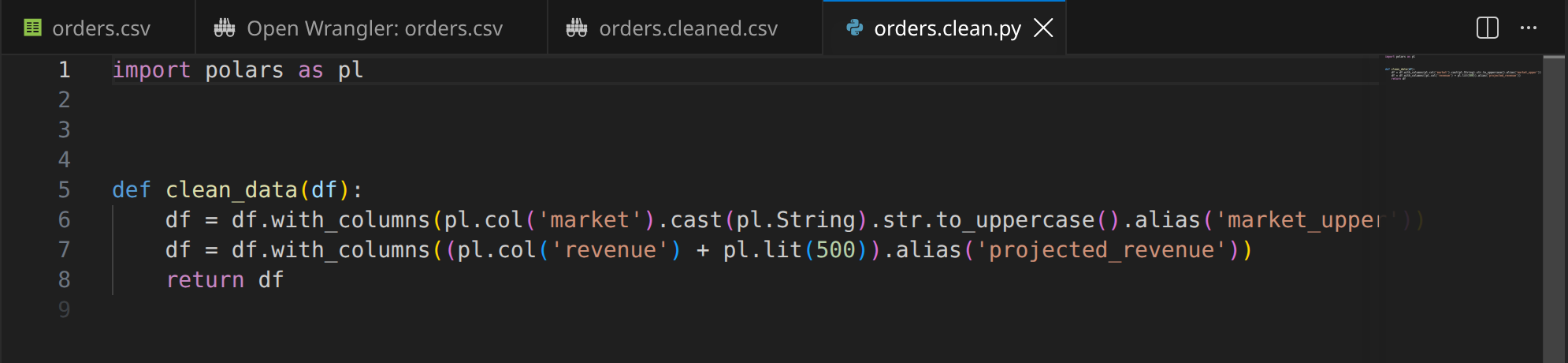 Generated native Polars cleaning code saved as a Python script