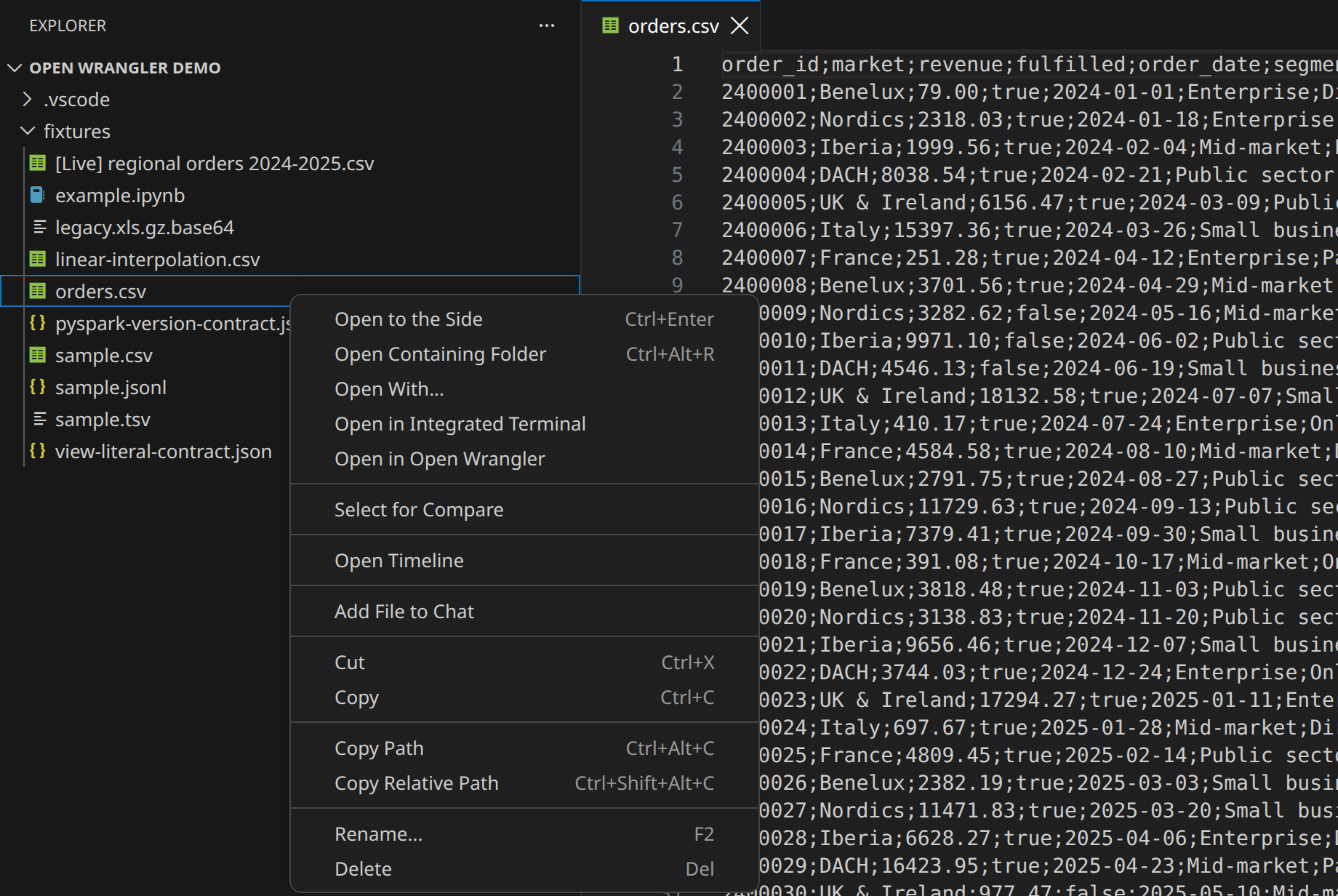 Opening a CSV in Open Wrangler from the VS Code Explorer context menu