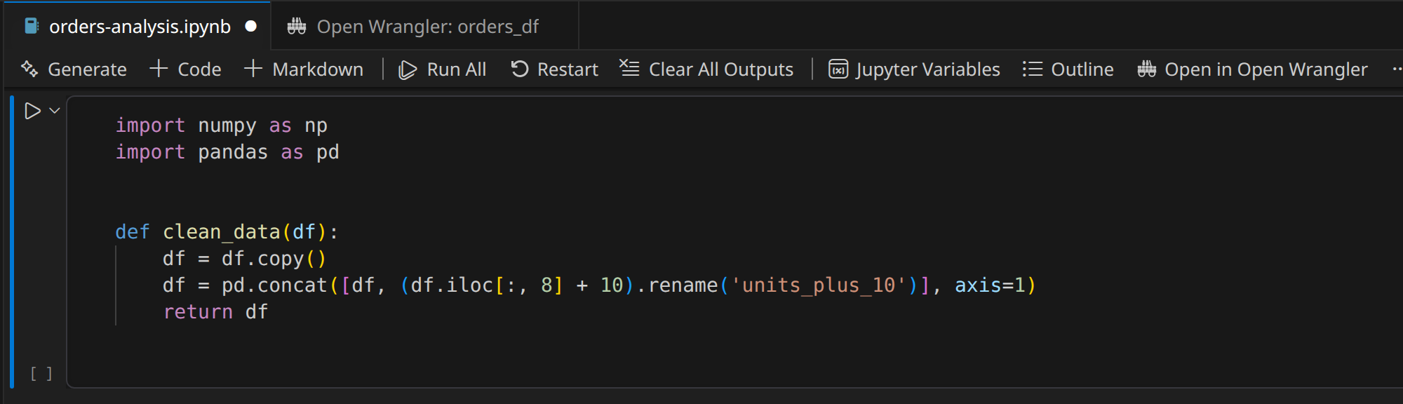 Generated Pandas cleaning code inserted into the originating VS Code notebook