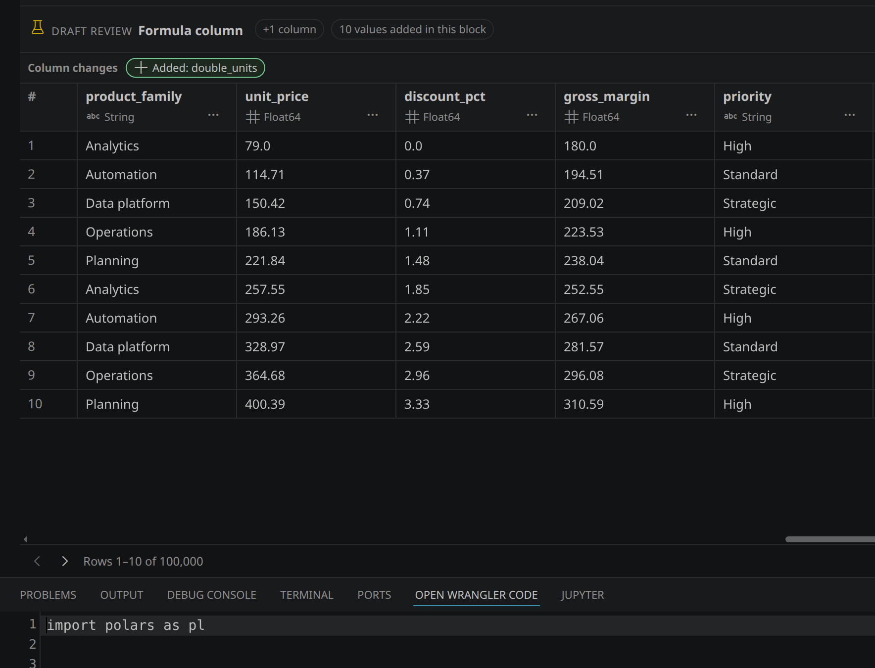 A native Polars notebook session with a formula draft and generated Polars code