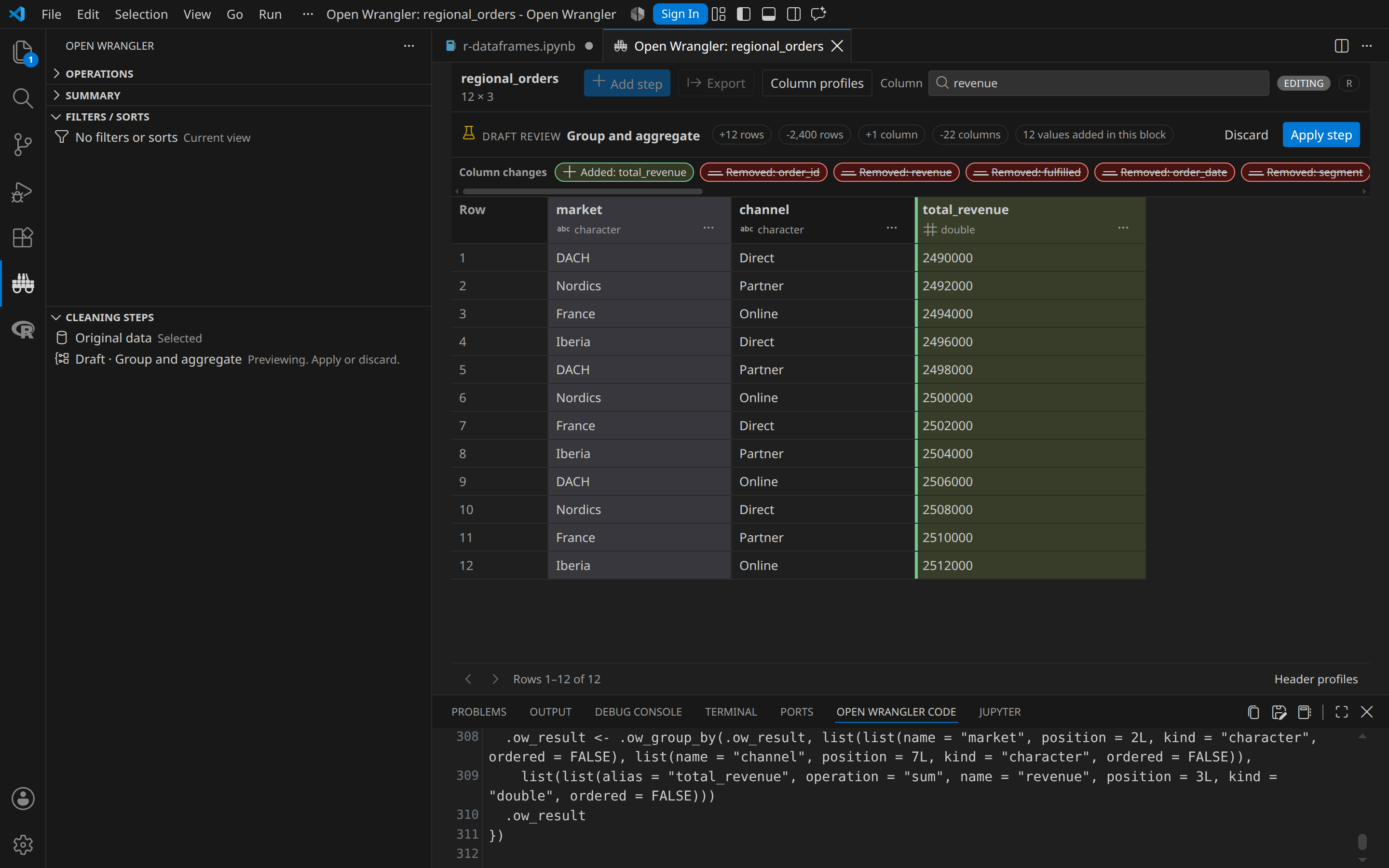 An R Group and aggregate draft for regional orders with cleaning history, Apply and Discard controls, and generated R