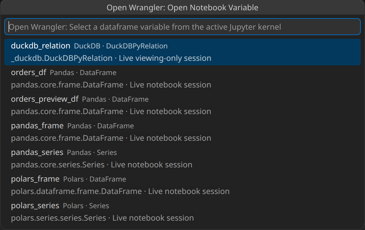Notebook variable picker labeling Pandas, Polars, and DuckDB variables by engine and dataframe type